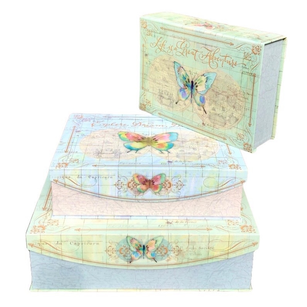 Punch Studio Watercolor Butterfly Map Flip Top Decorative Nesting Boxes, 3 ct